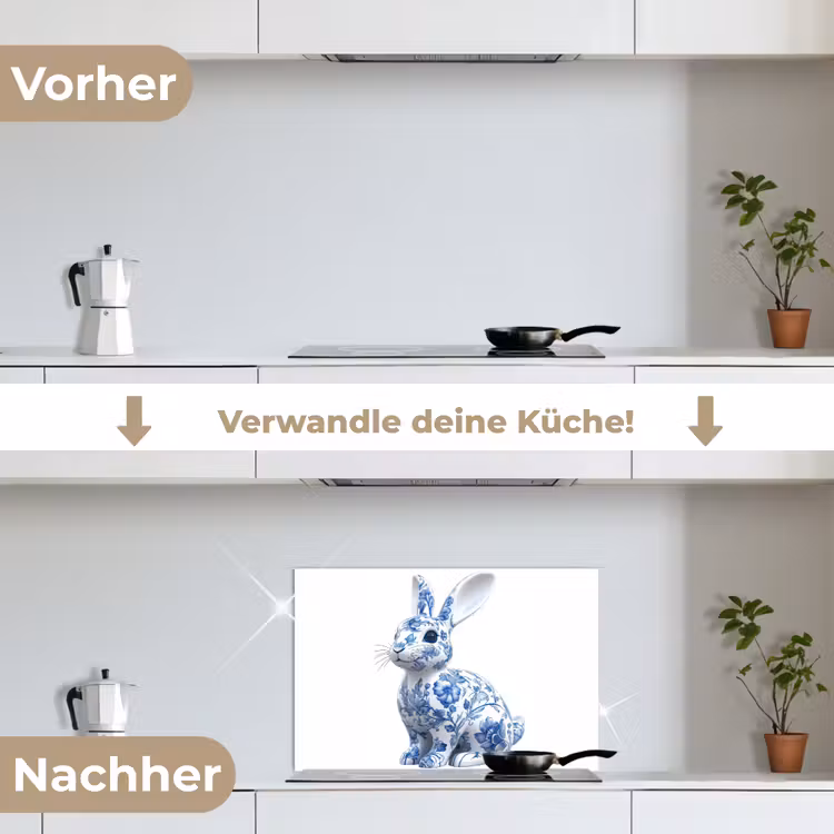 Delftsblauw - Haasje - Wit keuken achterwand spatscherm klein -voor_na_DE