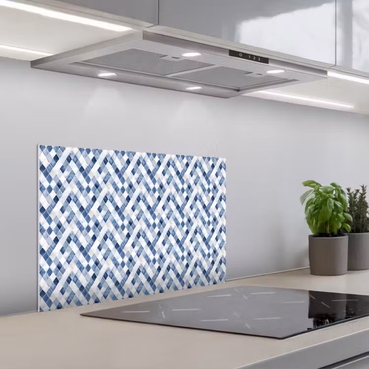 Diamant - Patroon - Blauw - Wit keuken achterwand spatscherm klein 900 -3d_schuin