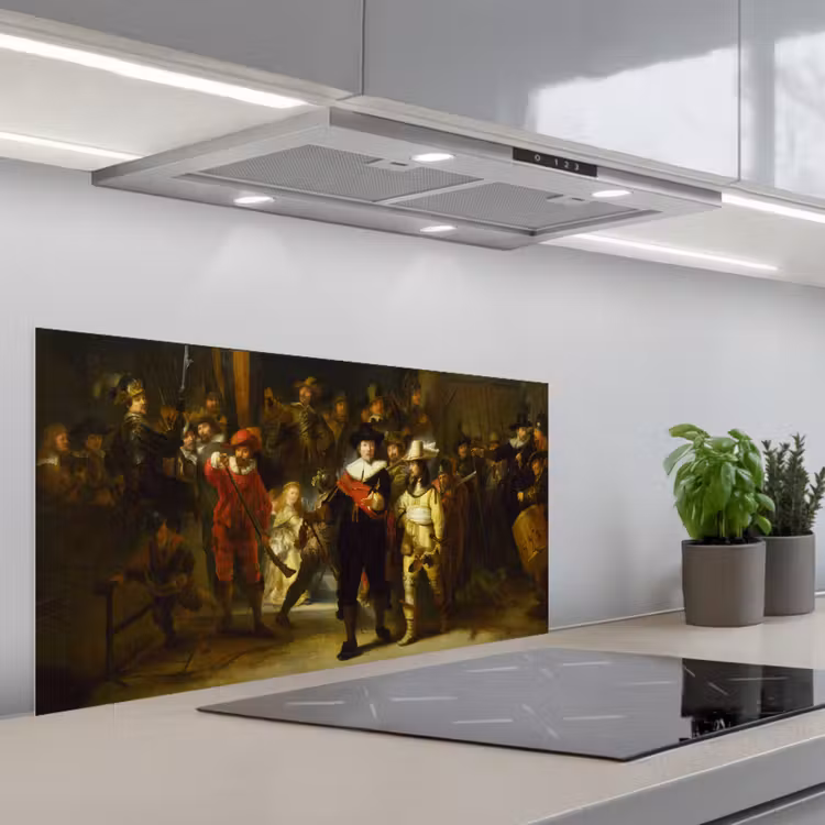 De Nachtwacht - Rembrandt van Rijn keuken achterwand spatscherm middel -3d_schuin