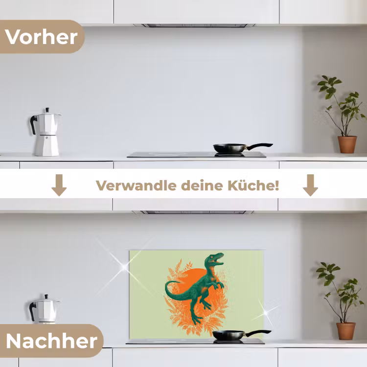 Dinosaurus - Groen - Planten - Cirkel keuken achterwand spatscherm klein -voor_na_DE