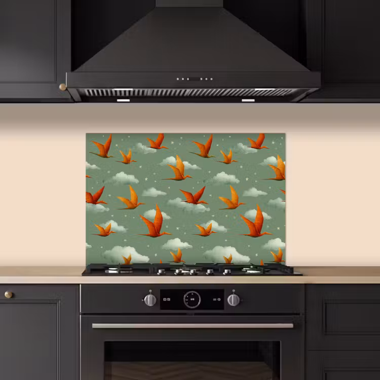 Dinosaurussen - Wolken - Sterren - Oranje keuken achterwand spatscherm klein -sfeer1