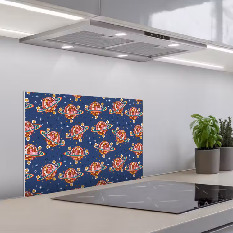 Disco - Blauw - Patroon keuken achterwand spatscherm klein 900 -3d_schuin
