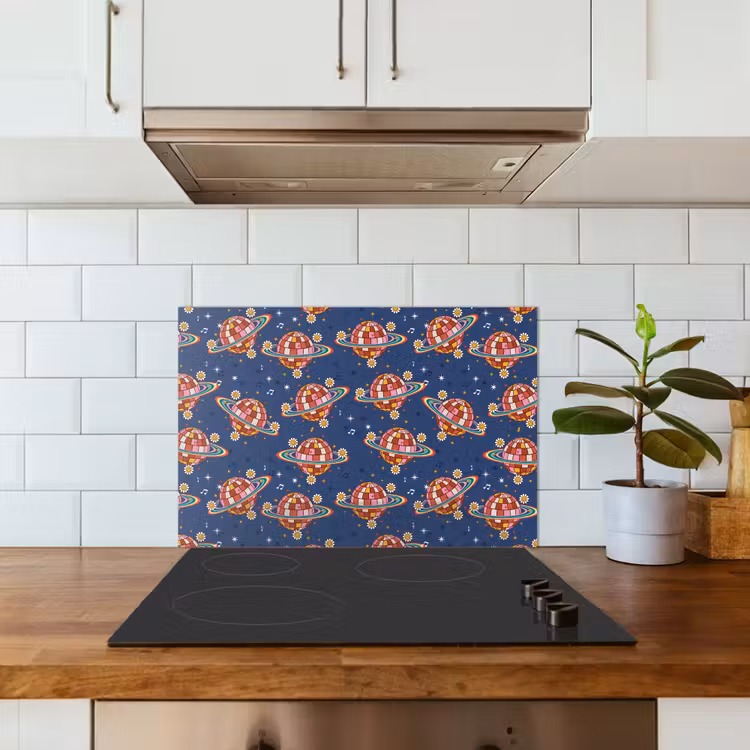 Disco - Blauw - Patroon keuken achterwand spatscherm klein 900 -sfeer2