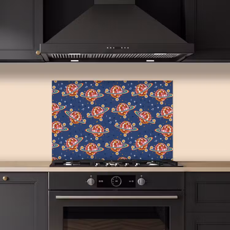 Disco - Blauw - Patroon keuken achterwand spatscherm klein 900 -sfeer1