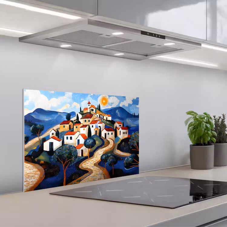 Dorp - Heuvelachtig - Zon - Mozaïek keuken achterwand spatscherm klein -3d_schuin
