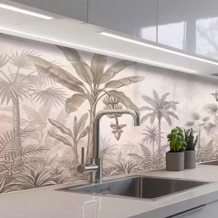 Jungle - Banenboom - Kolibrie - Beige keuken achterwand 2 middel -3d_schuin