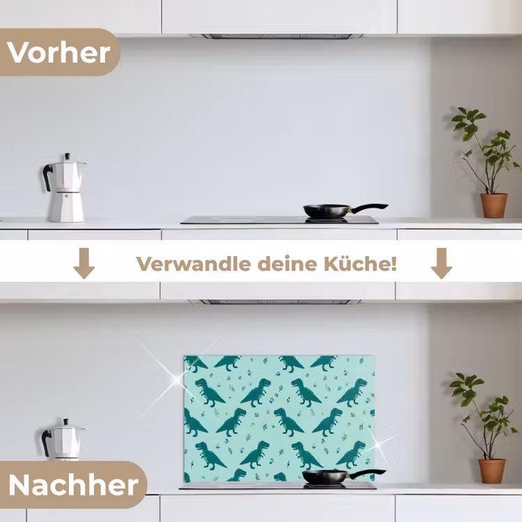 Donkergroen - Dinosaurussen - Afdrukken - Bladeren keuken achterwand spatscherm klein -voor_na_DE