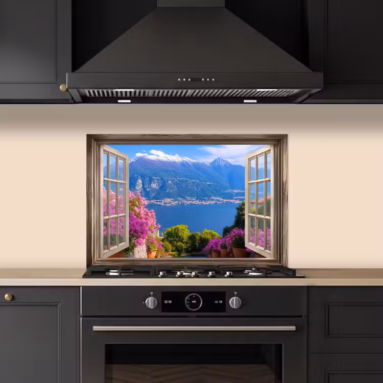 Doorkijk - Berg - Landschap - Uitzicht - Meer keuken achterwand spatscherm klein -sfeer1