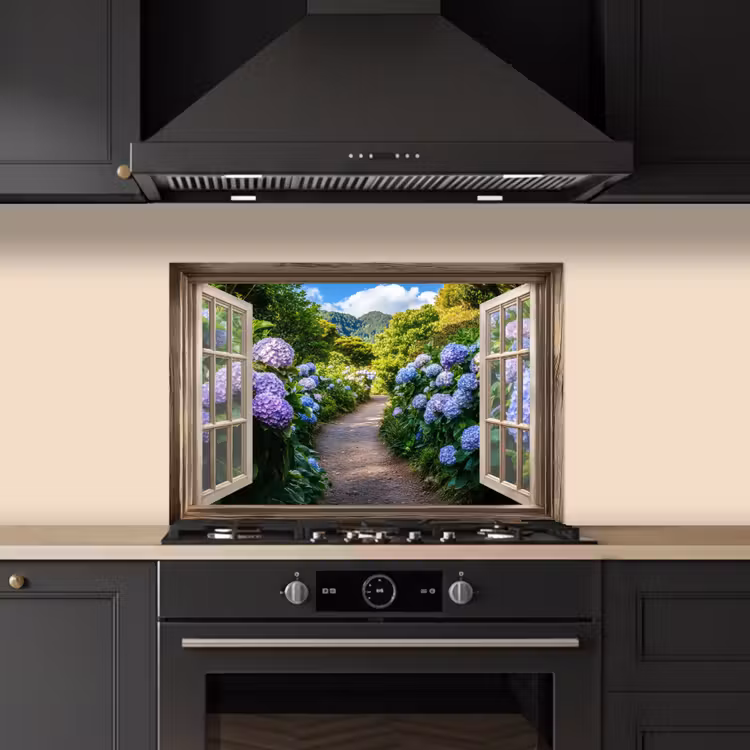 Doorkijk - Hortensia - Pad - Natuur keuken achterwand spatscherm klein -sfeer1