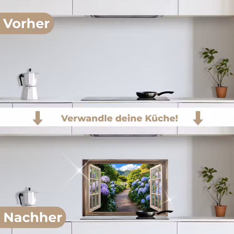 Doorkijk - Hortensia - Pad - Natuur keuken achterwand spatscherm klein -voor_na_DE