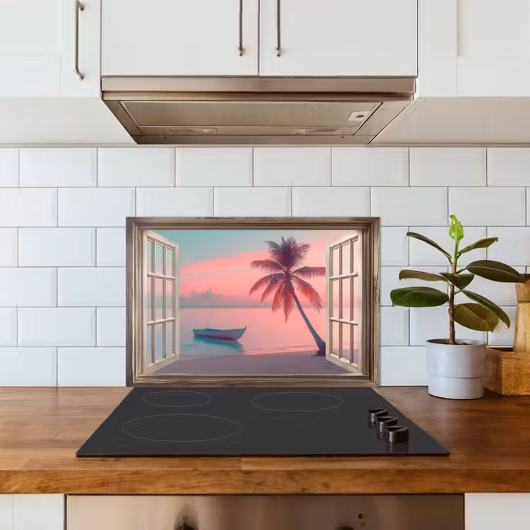 Doorkijk - Strand - Palmboom - Tropisch keuken achterwand spatscherm klein -sfeer2