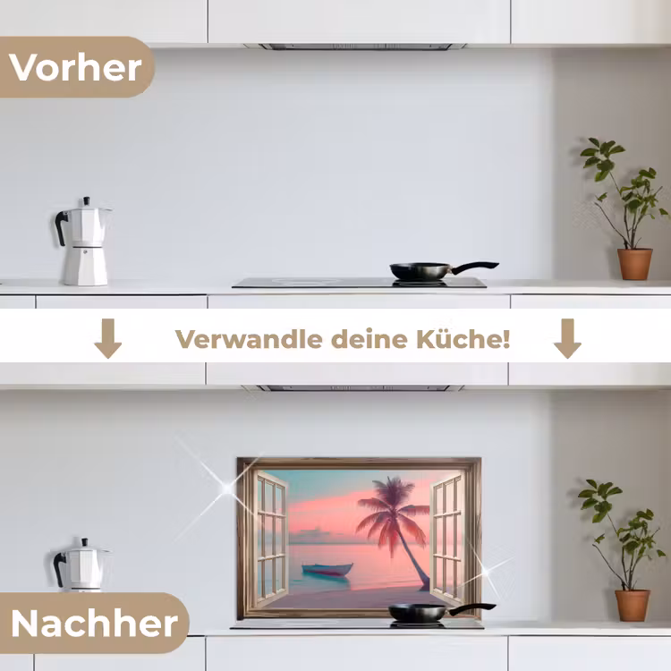 Doorkijk - Strand - Palmboom - Tropisch keuken achterwand spatscherm klein -voor_na_DE