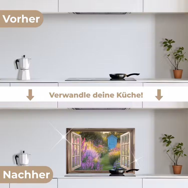 Doorkijk - Bloemen - Raam - Natuur keuken achterwand spatscherm klein -voor_na_DE