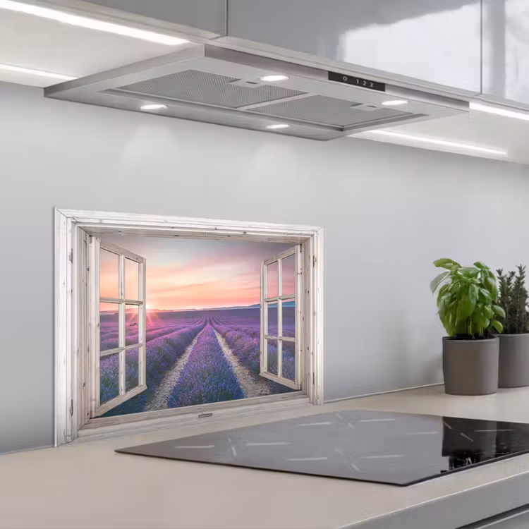 Doorkijk - Lavendel - Bloemen - Hout - Zonsondergang - Paars keuken achterwand spatscherm klein -3d_schuin