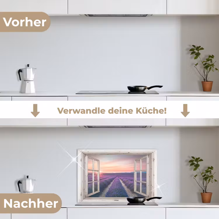Doorkijk - Lavendel - Bloemen - Hout - Zonsondergang - Paars keuken achterwand spatscherm klein -voor_na_DE