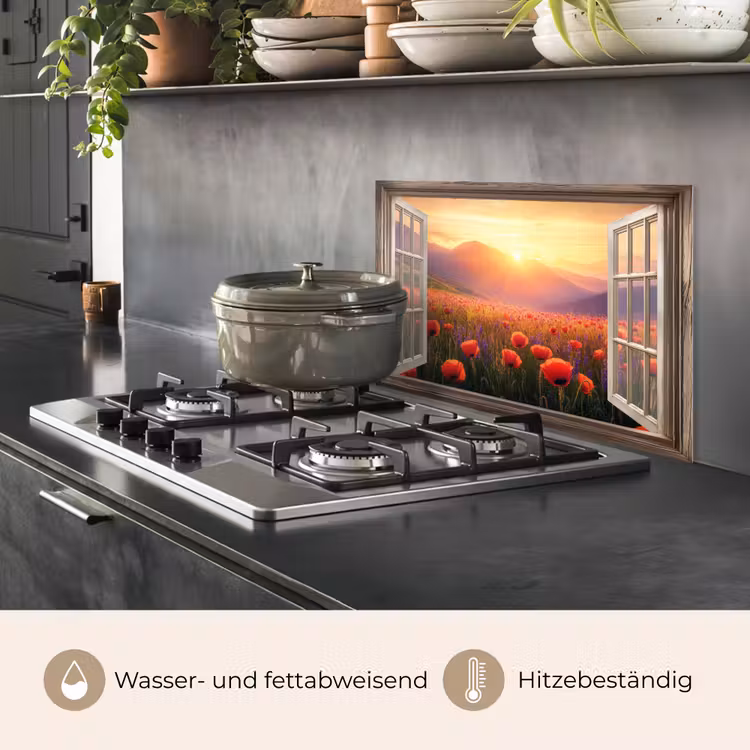 Doorkijk - Klaprozen - Bloemen - Rood - Open raam keuken achterwand spatscherm klein -usp_DE