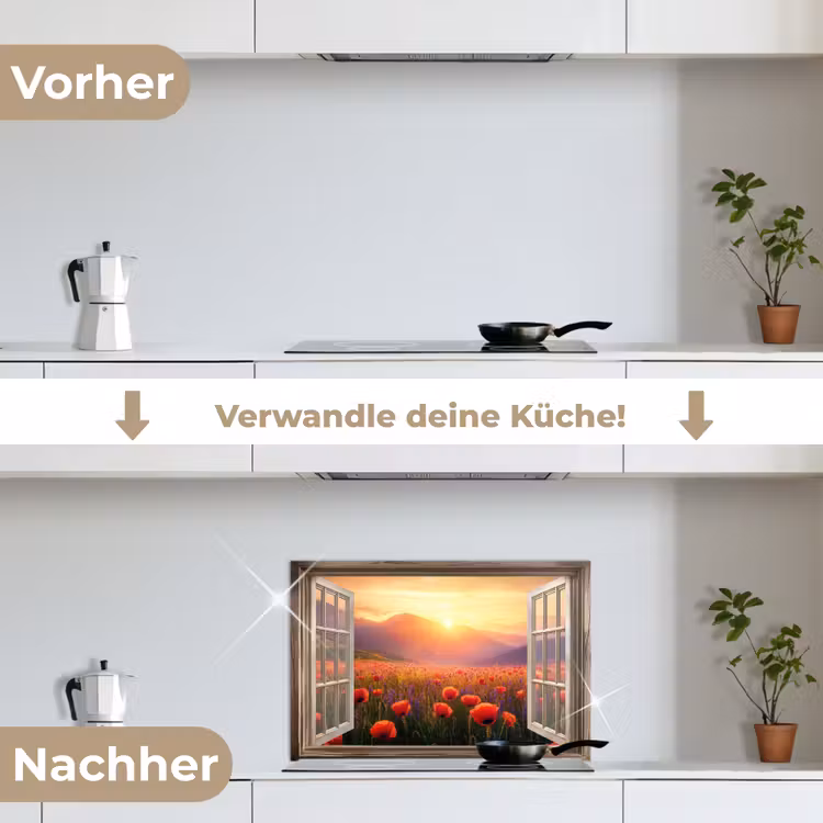 Doorkijk - Klaprozen - Bloemen - Rood - Open raam keuken achterwand spatscherm klein -voor_na_DE