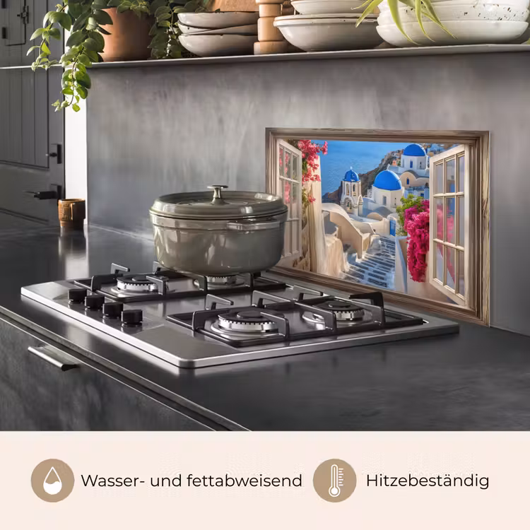 Doorkijk - Santorini - Landschap - Blauw - Grieks keuken achterwand spatscherm klein -usp_DE