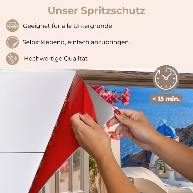 Doorkijk - Santorini - Landschap - Blauw - Grieks keuken achterwand spatscherm klein -spatscherm_DE
