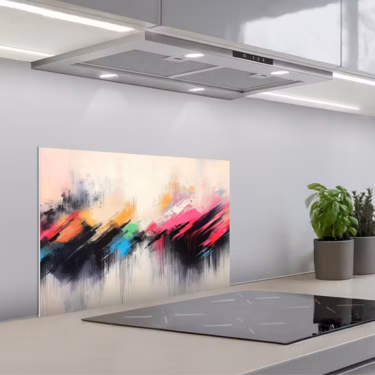 Dynamisch - Abstract - Kleurrijk - Zwart keuken achterwand spatscherm klein -3d_schuin