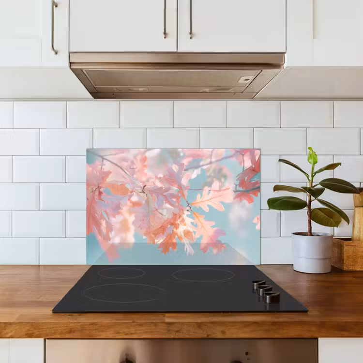 Eikenbladeren - Takken - Roze keuken achterwand spatscherm klein -sfeer2