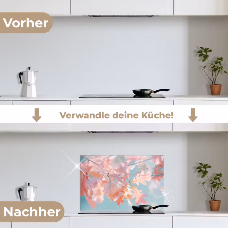 Eikenbladeren - Takken - Roze keuken achterwand spatscherm klein -voor_na_DE