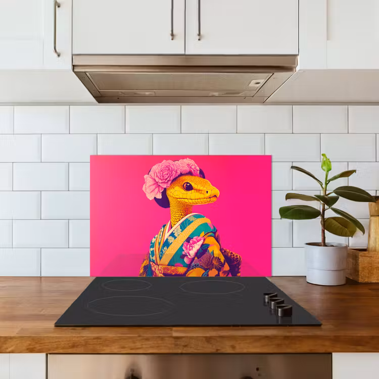 Hagedis - Bloemen - Roze - Kimono keuken achterwand spatscherm klein -sfeer2