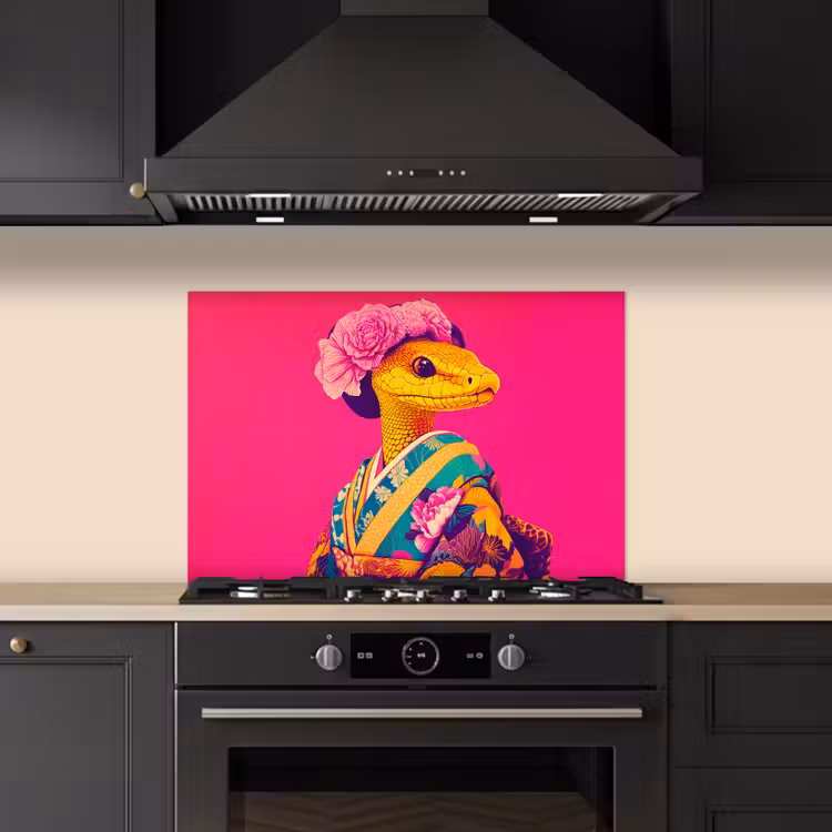 Hagedis - Bloemen - Roze - Kimono keuken achterwand spatscherm klein -sfeer1