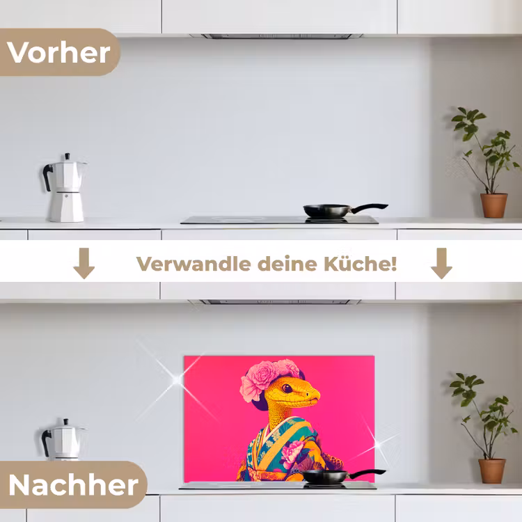 Hagedis - Bloemen - Roze - Kimono keuken achterwand spatscherm klein -voor_na_DE