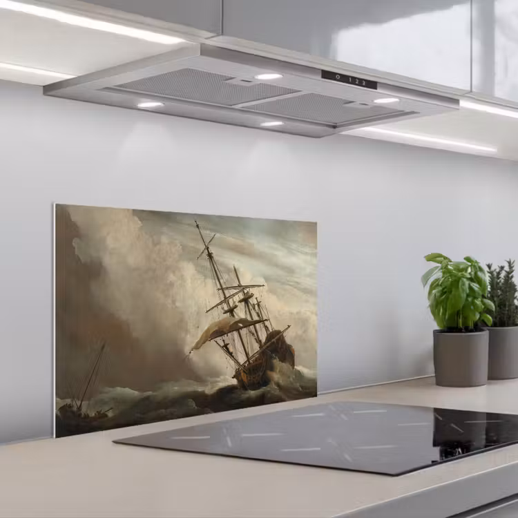 Een schip in volle zee bij vliegende storm - Schilderij van Willem van de Velde keuken achterwand spatscherm klein -3d_schuin