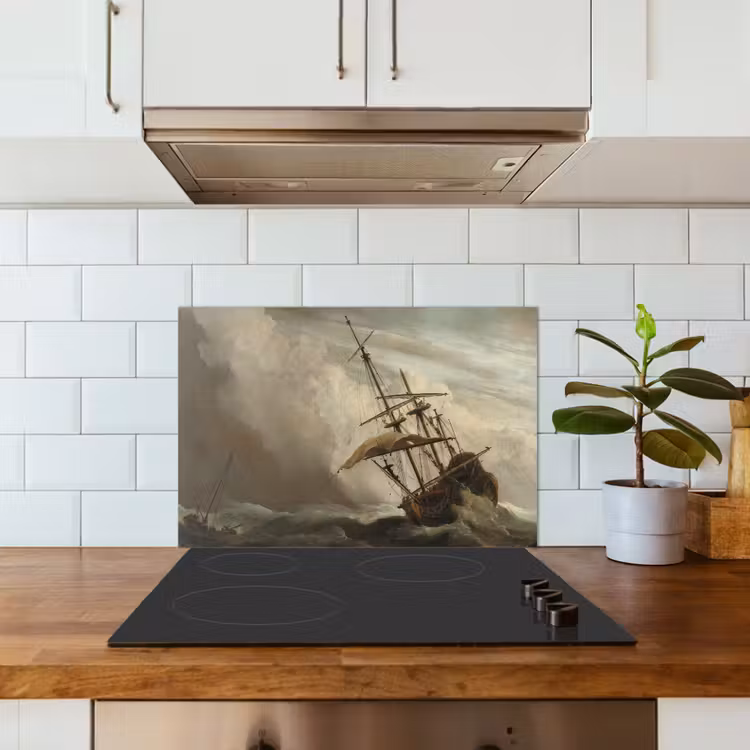 Een schip in volle zee bij vliegende storm - Schilderij van Willem van de Velde keuken achterwand spatscherm klein -sfeer2