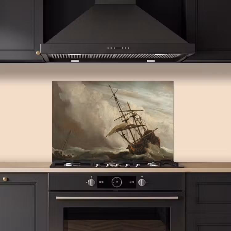 Een schip in volle zee bij vliegende storm - Schilderij van Willem van de Velde keuken achterwand spatscherm klein -sfeer1