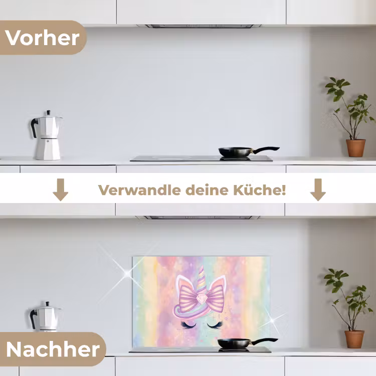 Eenhoorn - Glitters - Regenboog - Pastel keuken achterwand spatscherm klein -voor_na_DE