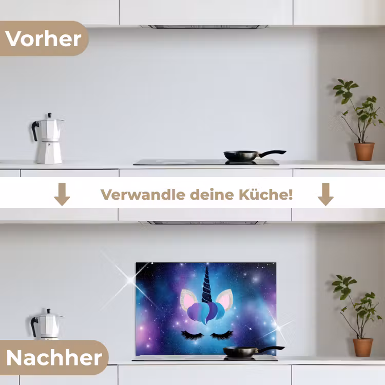 Eenhoorn - Sterren - Blauw keuken achterwand spatscherm klein -voor_na_DE