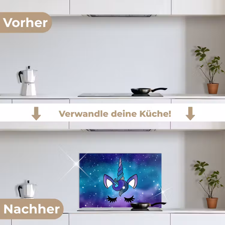 Eenhoorn - Sterrenhemel - Ster - Blauw keuken achterwand spatscherm klein -voor_na_DE