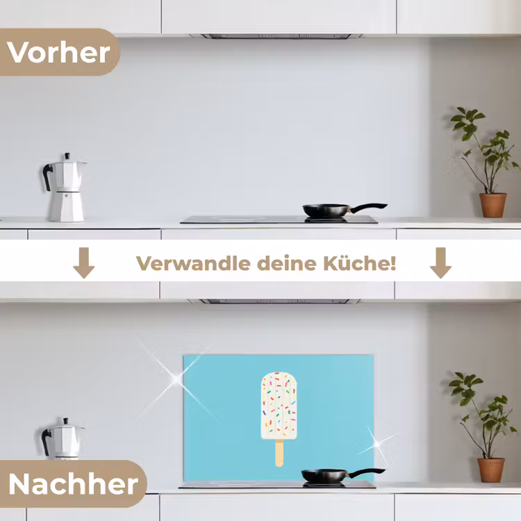Ijsje - Stokje - Sprinkles - Lichtblauw keuken achterwand spatscherm klein -voor_na_DE