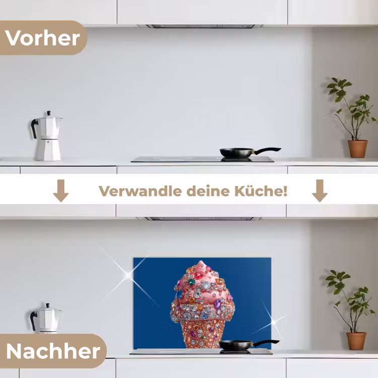 Ijsje - Hoorntje - Steentjes - Blauw keuken achterwand spatscherm klein -voor_na_DE