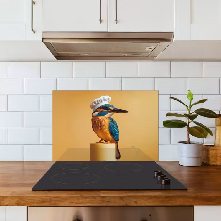 Ijsvogel - Pilaar - Koksmuts - Vogel keuken achterwand spatscherm klein -sfeer2