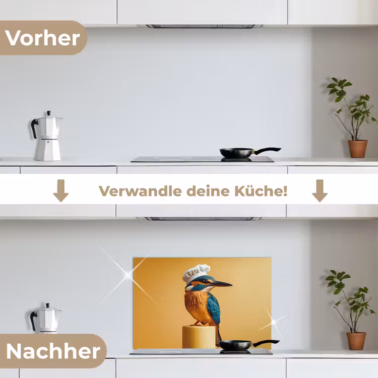 Ijsvogel - Pilaar - Koksmuts - Vogel keuken achterwand spatscherm klein -voor_na_DE