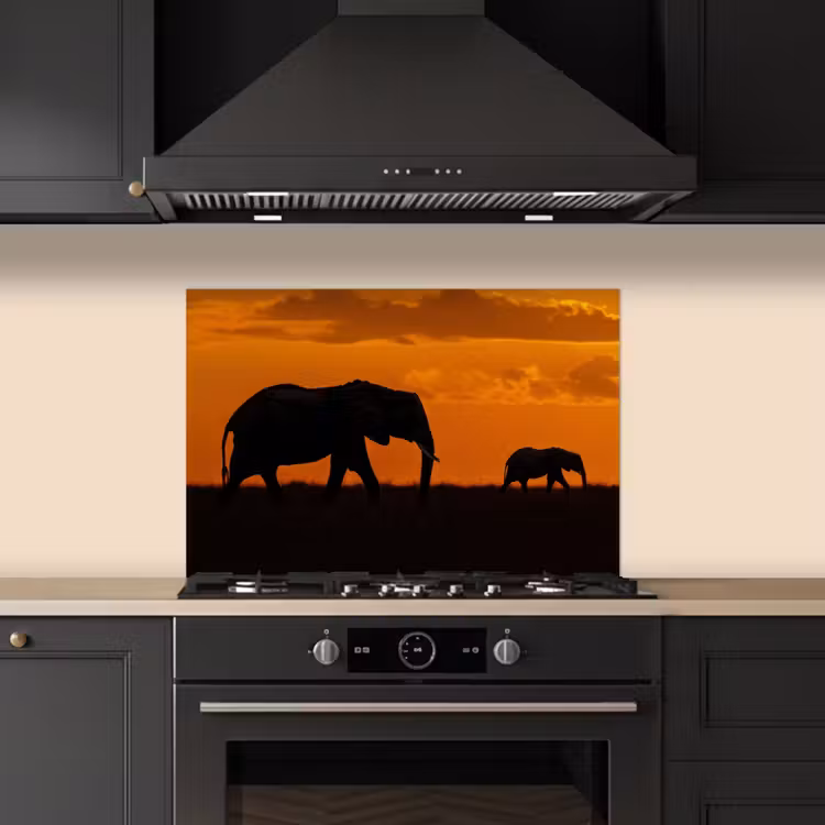 Olifanten - Savanne - Zonsondergang keuken achterwand spatscherm klein -sfeer1