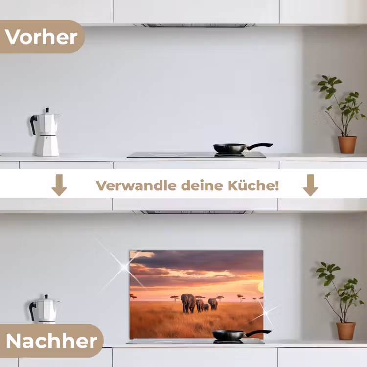 Groep olifanten - Open vlakte - Zon keuken achterwand spatscherm klein -voor_na_DE