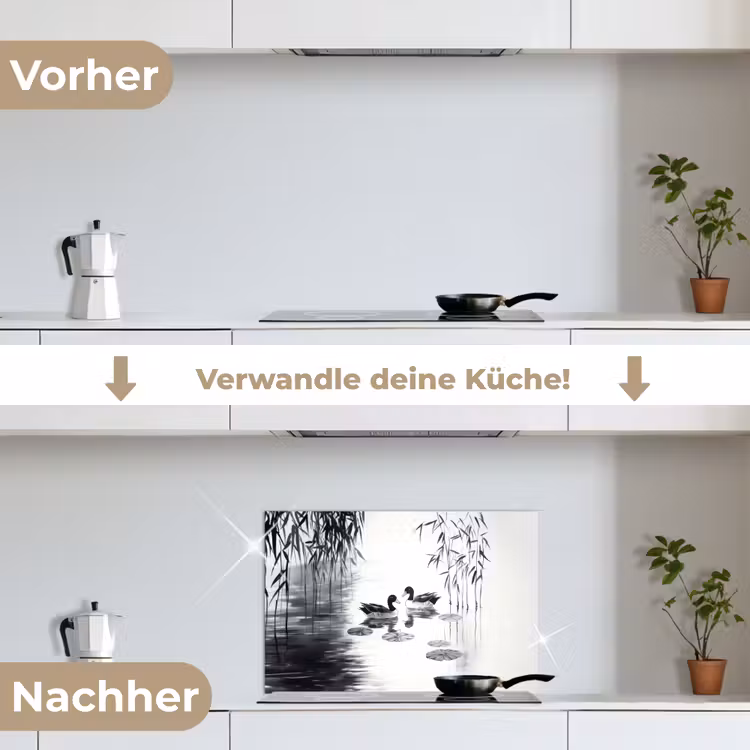 Eenden - Waterlelies - Riet - Zwart keuken achterwand spatscherm klein -voor_na_DE