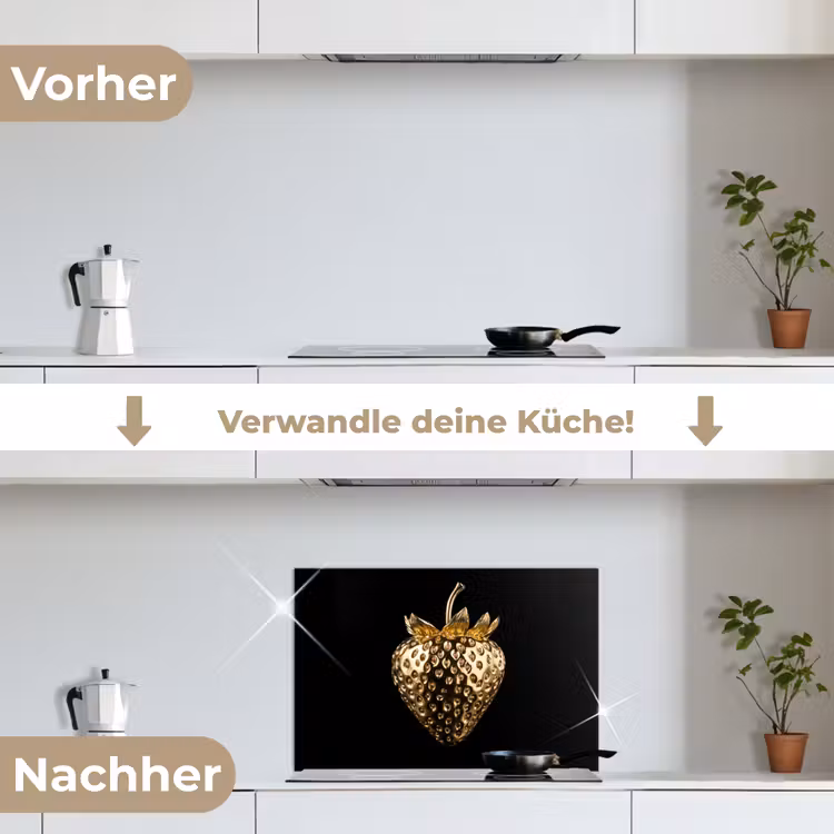 Aardbei - Goud - Zwart - Chrome keuken achterwand spatscherm klein -voor_na_DE