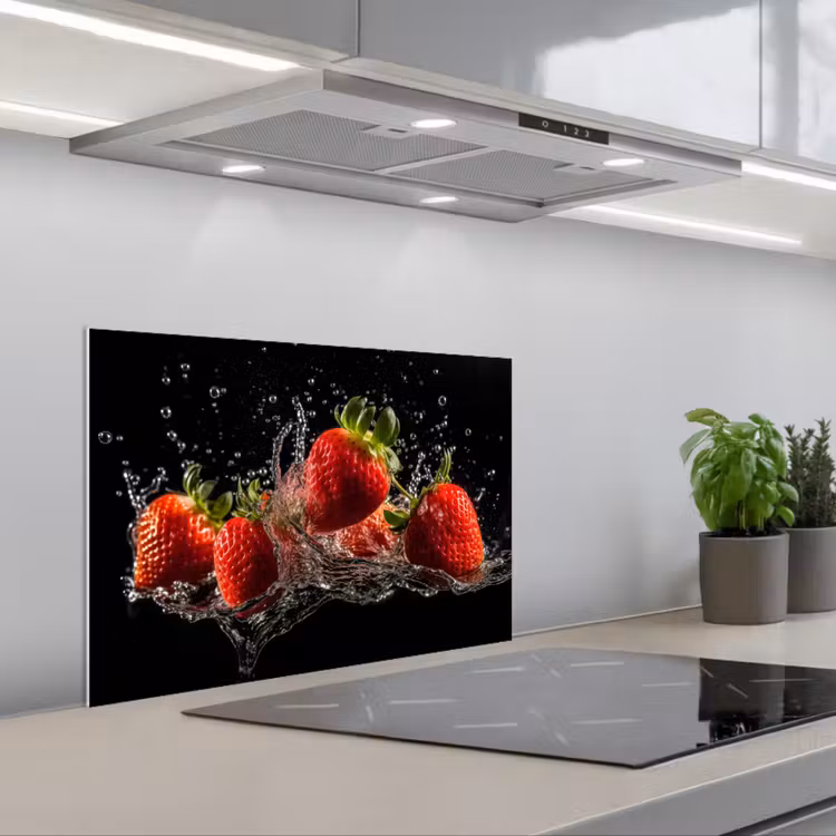 Aardbeien - Fruit - Rood - Water - Zwart keuken achterwand spatscherm klein -3d_schuin