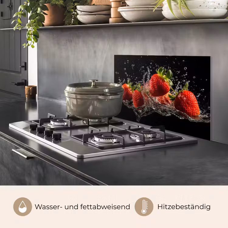 Aardbeien - Fruit - Rood - Water - Zwart keuken achterwand spatscherm klein -usp_DE