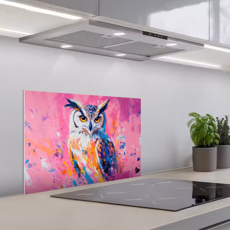 Uil - Roze - Blauw - Verf - Abstract keuken achterwand spatscherm klein -3d_schuin