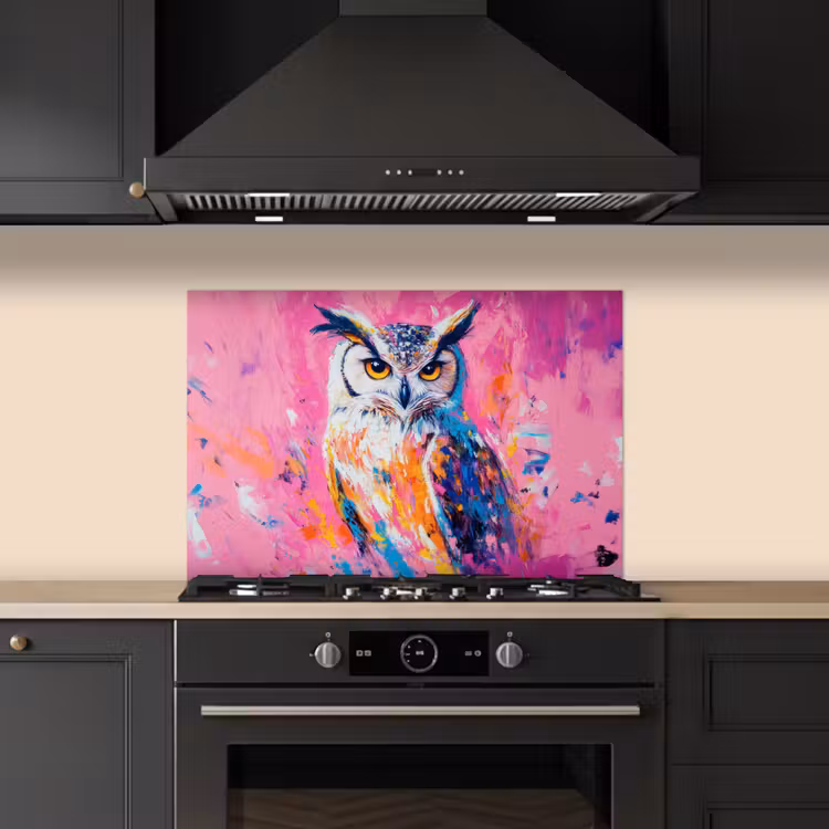 Uil - Roze - Blauw - Verf - Abstract keuken achterwand spatscherm klein -sfeer1