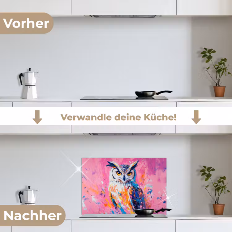 Uil - Roze - Blauw - Verf - Abstract keuken achterwand spatscherm klein -voor_na_DE
