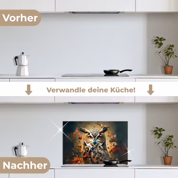 Uil - Vogel - Bloemen - Planten - Botanisch keuken achterwand spatscherm klein -voor_na_DE