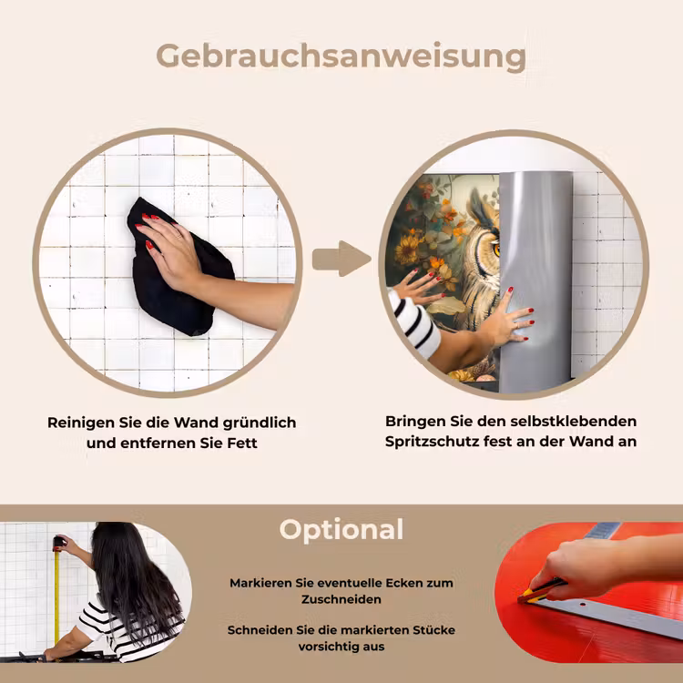 Uil - Vogels - Bloemen - Natuur keuken achterwand spatscherm klein -gebruiksaanwijzing_DE